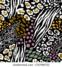 animal skin prints, leopard, snake, zebra. Seamless pattern safari Africa. Trendy vector design for printing on wallpaper, fabric, cover, on a black background.