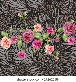 Animal skin and rose seamless pattern. Repeating  background.