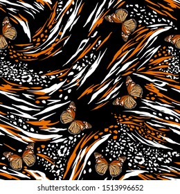 Animal skin in safari mood mixed with butterflies flying seamless pattern in vector , Design for fashion ,fabric, web, wallpaper , wrapping , and all graphic type on black 