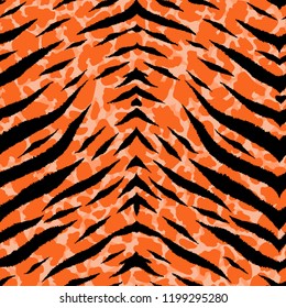 Animal skin seamless pattern. Abstract tiger stripes and lines background. Black and orange repeating backdrop. Detailed hand-drawn vector illustration. Animalistic print for fabrics, posters, banners
