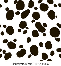 Animal skin seamless pattern, dalmatian vector background, black chaotic spots, with brush texture