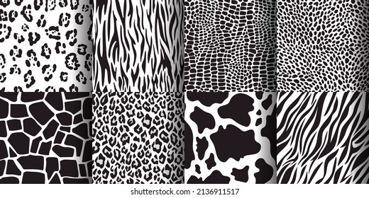 Animal skin seamless pattern, giraffe, leopard, tiger, cow prints. Wildlife animals print texture, zebra, cheetah skins patterns vector set. Safari black and white textile or fabric