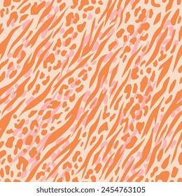 Animal skin seamless pattern. Random abstract shapes, wildcat and zebra skin imitate. Wild nature safari all over surface print for fabric, paper, package. Tiger, cheetah and zebra vector background.