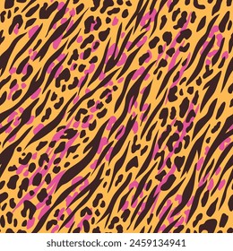 Animal skin seamless pattern. Random abstract shapes, wildcat and zebra skin imitate. Wild nature safari all over surface print for fabric, paper, package. Tiger, cheetah and zebra vector background.