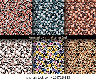 conjunto de patrones sin fisuras de piel animal. Ilustración vectorial de la piel animal. Impresión textil.