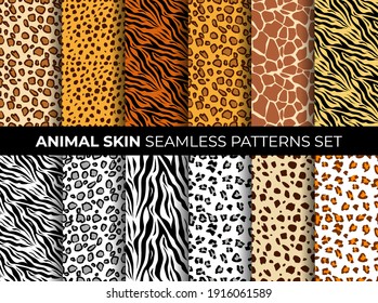 Animal skin seamless pattern set. Mammals Fur. Collection of print skins. Cheetah, Giraffe, Tiger, Zebra, Leopard, Jaguar. Printable Background. Vector illustration.