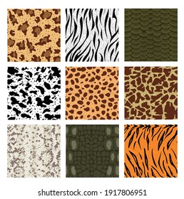 Animal skin seamless pattern set. Mammal and reptile animals fur skin prints texture. Leopard, cheetah, giraffe, zebra, snake printable background, textile, wrapping paper design vector illustration