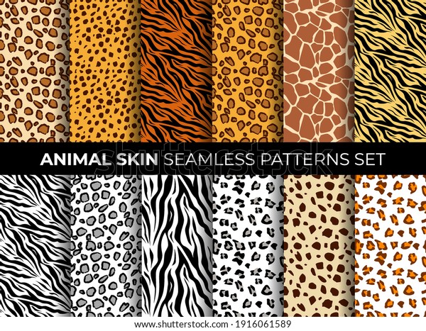 Animal skin seamless\
pattern set. Mammals Fur. Collection of print skins. Cheetah,\
Giraffe, Tiger, Zebra, Leopard, Jaguar. Printable Background.\
Vector illustration.