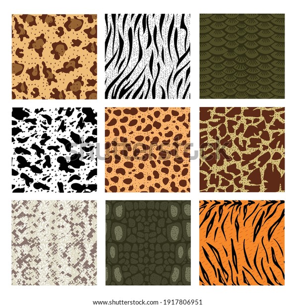 Animal skin seamless pattern set. Mammal and\
reptile animals fur skin prints texture. Leopard, cheetah, giraffe,\
zebra, snake printable background, textile, wrapping paper design\
vector illustration