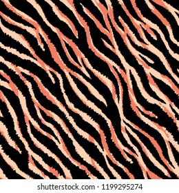 Animal skin seamless pattern. Tiger stripes and lines background. Black and orange repeating backdrop. Detailed hand-drawn vector illustration. Animalistic print for fabrics, posters, banners.