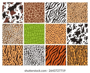 Animal skin seamless patterns. Leather textures of giraffe, zebra, wild leopard, jungle jaguar, crocodile, cheetah fur and tiger skins vector backgrounds set.