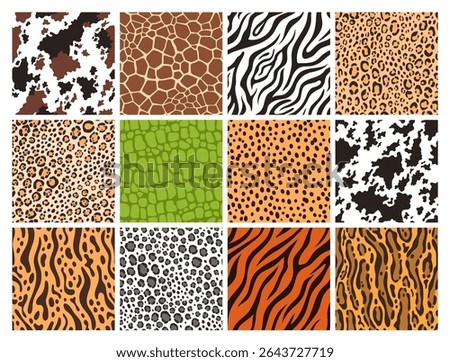 Animal skin seamless patterns. Leather textures of giraffe, zebra, wild leopard, jungle jaguar, crocodile, cheetah fur and tiger skins vector backgrounds set.