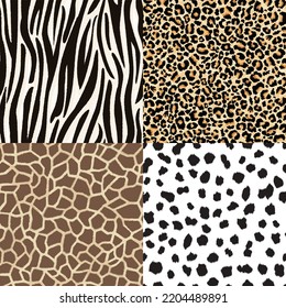 Piel animal. Conjunto de patrones animales sin soldadura: leopardo, cebra, jirafa, dálmata. Camuflaje natural, textura de piel manchada. Resumen de patrones exóticos para el diseño de tejidos y modas.