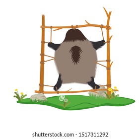 Animal skin stretched on a frame for drying. Vector illustration, flat design style. Isolated on a white background.