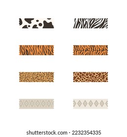 Animal skin tape washi sticker strips for text decoration. Set of colorful patterned washi tape. Vector illustration