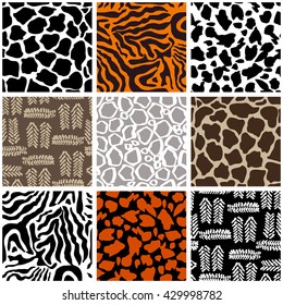 Animal skin textures. Set of seamless leather patterns. Giraffe, tortilla, leopard, zebra, tiger, cow, snake, crocodile, dalmatian. Safari textile collection. 