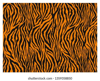 Animal Skin, Tiger Stripes, Abstract Pattern, Line Background, Zebra Print, Fabric. Amazing Hand Drawn Vector Illustration. Poster, Banner. Black And Orange Repeat Seamless - Vektör