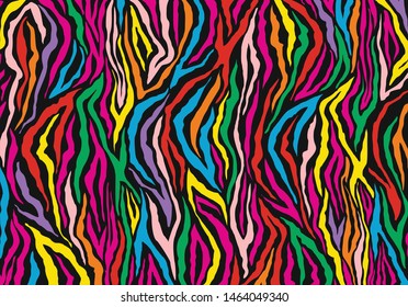 Animal skin, tiger stripes, abstract pattern, line background, zebra print, fabric. Amazing hand drawn vector illustration. colorful rainbow vector. Black background.