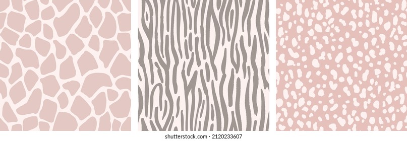 Animal skin vector patterns. Hand drawn animal prints. Giraffe pattern, zebra pattern, dalmatian pattern. Seamless abstract backgrounds and textures with hand painted brush strokes.