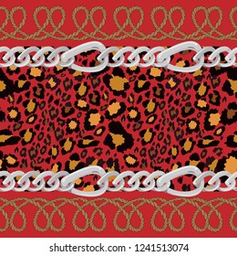 Animal Skin, Vector Seamless pattern of leopard skin with rope and silver chains on red background, Wild Animals pattern for textile or wall paper