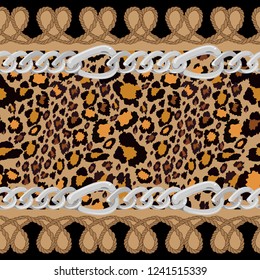 Animal Skin, Vector Seamless pattern of leopard skin with rope and silver chains on black background, Wild Animals pattern for textile or wall paper