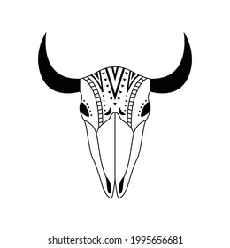 Animal skull in boho style with geometric ornaments. Tribal outline illustration. 