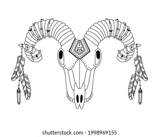 Animal skull in boho style with geometric ornaments and bird feathers. Tribal illustration in simple style. 