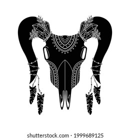 Animal skull in boho style with geometric ornaments and bird feathers. Tribal illustration in simple style. 