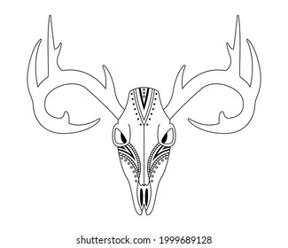 Animal skull in boho style with geometric ornaments. Tribal outline illustration. 