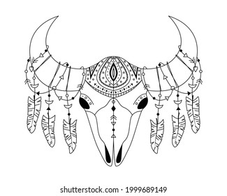 Animal skull in boho style with geometric ornaments and bird feathers. Tribal outline illustration. 