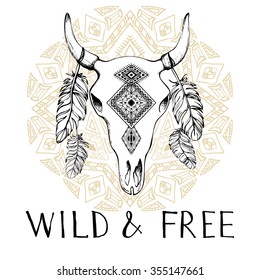 Animal skull, hand drawing, boho style. It can be used as a t-shirt print, picture.
