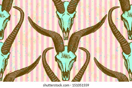 Animal skull with horns, vector seamless pattern