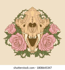 Animal Skull with Roses Flower leaves and thorn vintage vector logo mascot illustration