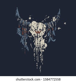 Animal skull. Vector Acrylic grunge illustration of cow skull with feathers on its horns. Good for posters, t-shirt prints, tattoo design. 