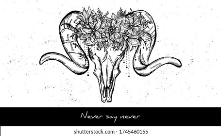 Animal skull and wreath of flowers sketch tattoo design. Hand drawn vector illustration