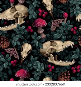 Animal skulls and forest flora seamless pattern