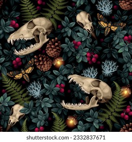 Animal skulls and forest flora seamless pattern