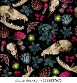 Animal skulls and forest flora seamless pattern