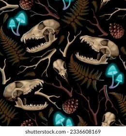 Animal skulls and forest flora seamless pattern