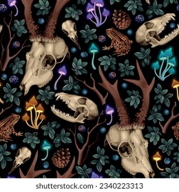 Animal skulls and forest flora seamless pattern