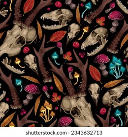 Animal skulls and forest flora seamless pattern