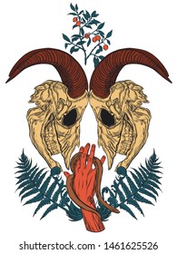 Animal skulls hand and snake forest design