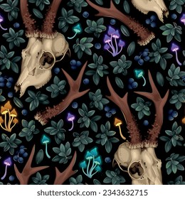 Animal skulls and neon mushrooms seamless pattern