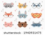 Animal sleep mask set, stock vector illustration. Panda, bunny, cat, rabbit, mouse, fox, bear, raccoon, pig sleep mask