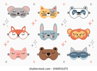 Animal Sleep Mask Set, Stock Vector Illustration. Panda, Bunny, Cat, Rabbit, Mouse, Fox, Bear, Raccoon, Pig Sleep Mask