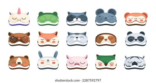 Animal sleeping mask. Cartoon sleepy faces of cute animals, nap sleepy frogs, cute puppies and kittens in face masks. Vector sleep cartoon set. Comfortable accessory for bedtime with unicorn, grog