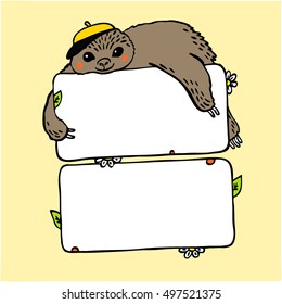Animal. Sloth on the frame for school design. Yellow background. 