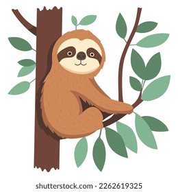 animal sloth sits on a tree branch in the jungle and looks at us. flat vector illustration.