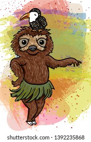 Animal Sloth with a toucan sitting on his head, dancing Hawaiian dance. Cartoon illustration on grunge background