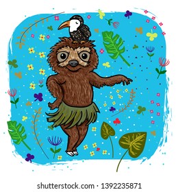 Animal Sloth with a toucan sitting on his head, dancing Hawaiian dance. Cartoon illustration on a blue background with flowers and fern leaves